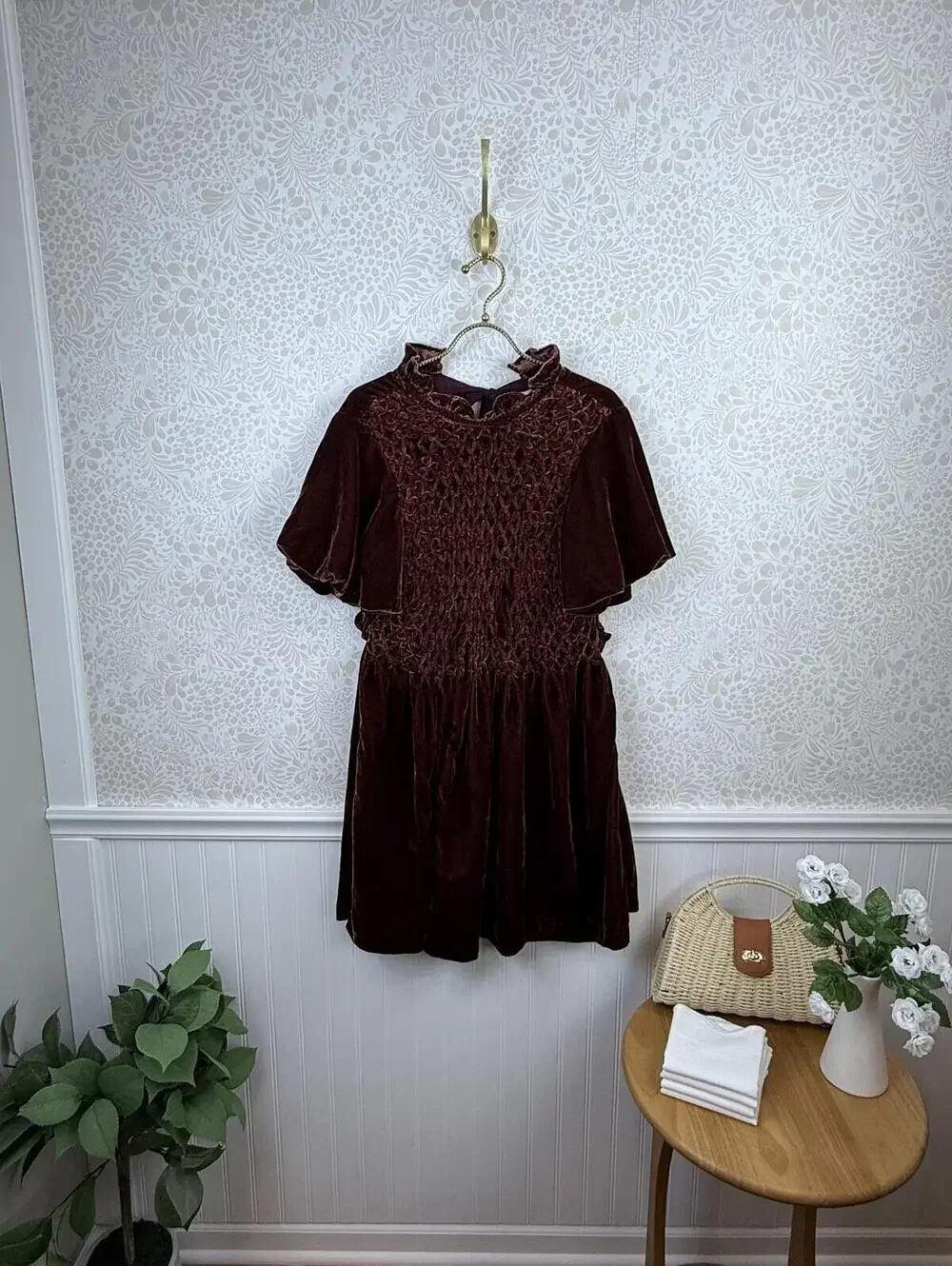Free People Gum Drop Double Dare Brown Burgundy Velvet Mini Dress - Size - Large